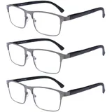 OKH 3er Pack Lesebrille Herren Anti Blaues Licht Rechteckig Federscharniere Lesebrille Metall Computer Anti Glare Lesebrillen 3*Grau +1.5