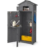 FANTASK Gartenschrank, Geräteschrank aus Holz wetterfest mit klappbarem Tisch, Tür & 8 Haken, Gartenschrank mit Satteldach für Garten, Terrasse & Hof, Grau