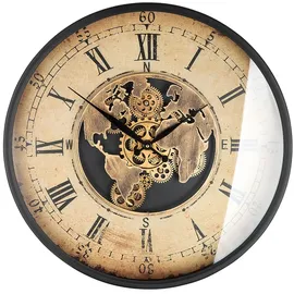 Gilde Wanduhr rund, Weltkartenmotiv, Zahnrädermotiv, Metall creme, kupferfarben, VE 1, L. 8 cm, D. 59,5 cm 46223 - Creme/Kupfer/Schwarz