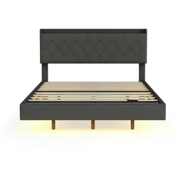 Merax Polsterbett LED Doppelbett 140x200cm mit Ladeanschluss und Stauraum am Kopfteil, grau