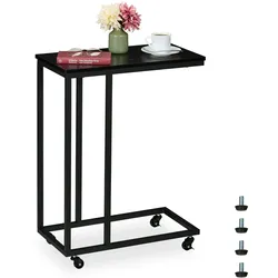 Relaxdays Beistelltisch C-Form, HBT 79x60x30 cm, Rollen, Sesseltisch zum Unterschieben, Metall & MDF, Sofatisch, schwarz