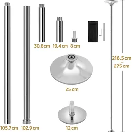 Yaheetech Pole Dance Stange 45 mm, Tanzstang 216,5 bis 275 cm Höhenverstellbar, Pole Dance Stange mit Statisch & Funktion, Stangentanz-Set - Silber