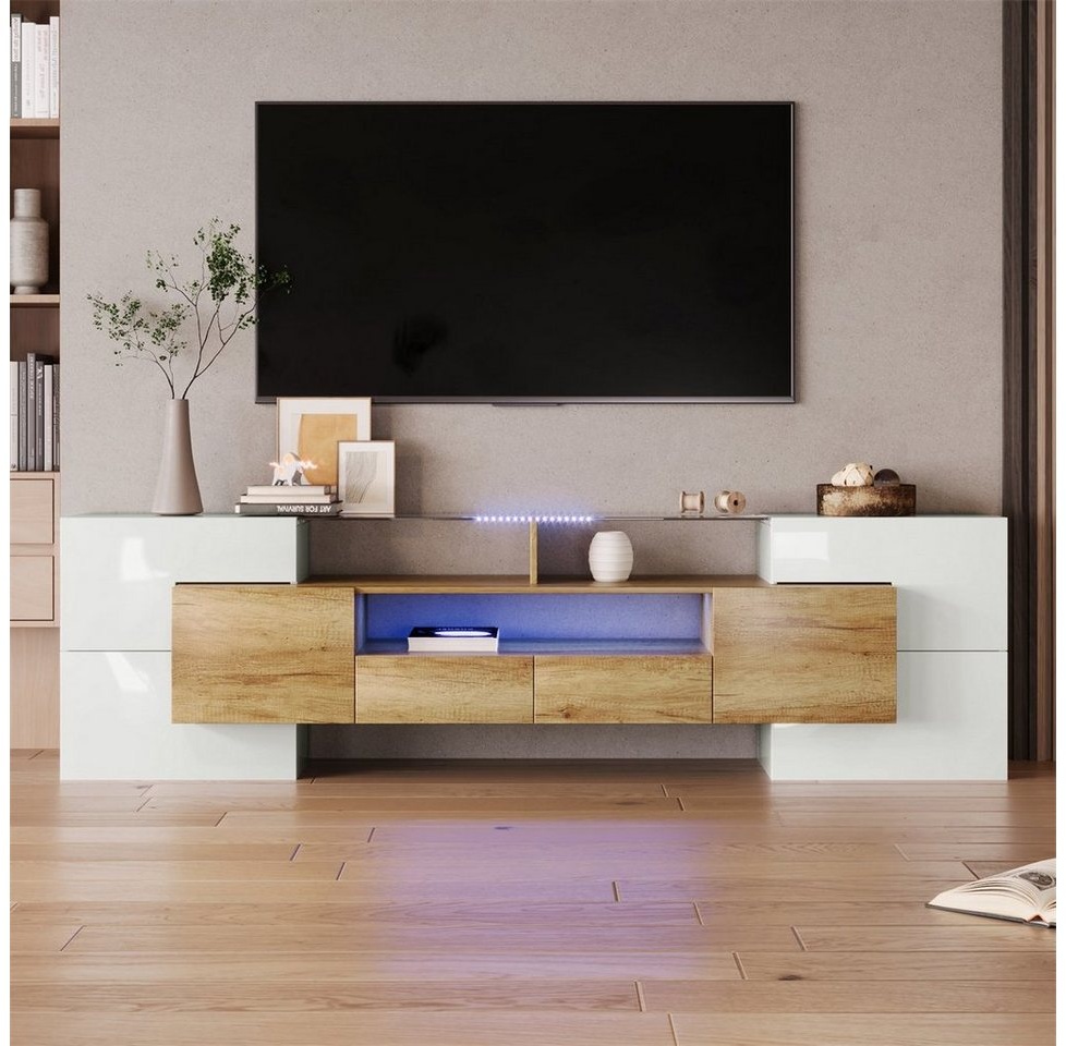 autolock TV-Schrank LED TV Lowboard,TV Halterung(200*30*61cm) mit LED-Beleuchtung TV-Schränke mit sechs Türen, zwei Schubladen und drei Fächern beige