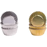 DEMMLER Pralinenkapsel - Pralinenförmchen - Gold & Silber 2er Set - 150 Stück - Maße: 2,6 x 1,6 cm - inklusiv 4 goldene Tassendeckchen - Made in Germany