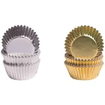 DEMMLER Pralinenkapsel - Pralinenförmchen - Gold & Silber 2er Set - 150 Stück - Maße: 2,6 x 1,6 cm - inklusiv 4 goldene Tassendeckchen - Made in Germany