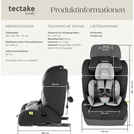 Tectake tectake® Autositz i-Size Zulassung, ISOFIX-Installation und Top Tether, mit Seitenaufprallschutz, längenverstellbarer 5-Punkt-Gurt, 8-fach höhenverstellbare Kopfstütze, ab 15 Monaten von 76 bis 150 cm, Belastbarkeit 36 kg