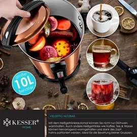 Kesser KESSER® Glühweinkessel 10L Edelstahl Inkl. 10x Becher Glühweinkocher mit Thermostat Glühweinautomat Heißgetränkeautomat Wasserkocher Heißwasserspender Einkochautomat Füllstandanzeige Zapfhahn