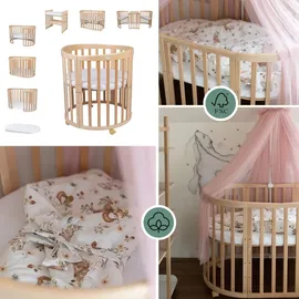 Waldin Oval Babybett OWAL aus Holz 7in1 mit Matratze, mitwachsend,Stoffe Rosa Tiere,Holz natur - Naturbelassen
