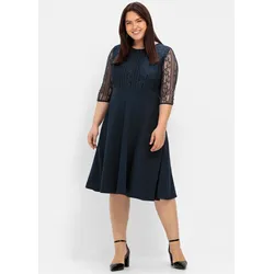 Cocktailkleid SHEEGO "Abendkleid", Damen, Gr. 48, Normalgrößen, blau (nachtblau), 60% Viskose, 35% Polyimid, 5% Elasthan, Spitze:100% Polyimid, unifarben, knielang, Rundhals, 3/4-Ärmel, Kleider