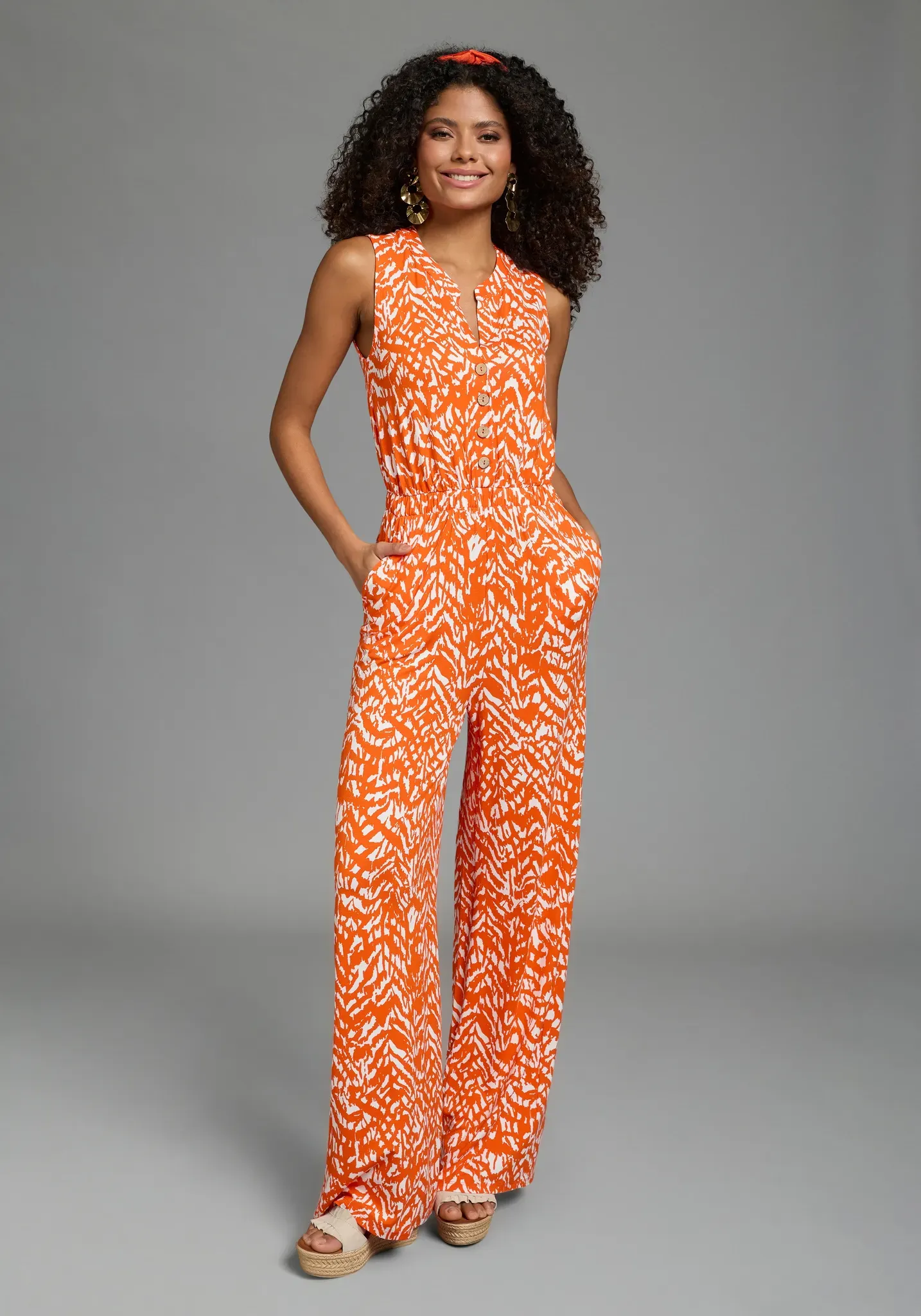 Jumpsuit LAURA SCOTT, Damen, Gr. 42, N-Gr, orange (rot, gemustert), Jersey, Obermaterial: 95% Viskose, 5% Elasthan, gemustert, bequem, Rundhals, Overalls Jumpsuit, mit sommerlichem Muster, modisch weites Bein und Knopfleiste