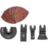 Trotec Universelles 24-tlg. Zubehör-Set für Multifunktionswerkzeug, inkl 20 x kletthaftendes Dreieckschleifpapier, 1 x Segmentsägeblatt, 1 x Schabmesser, 2 x Tauchsägeblätter