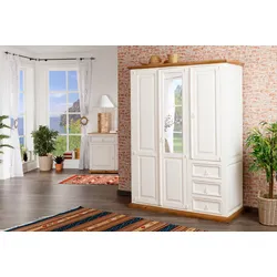 Schlafzimmerschrank, Kleiderschrank mit Spiegel, MEXICO, weiß, Shabby Chic, Landhausstil, Massivholz