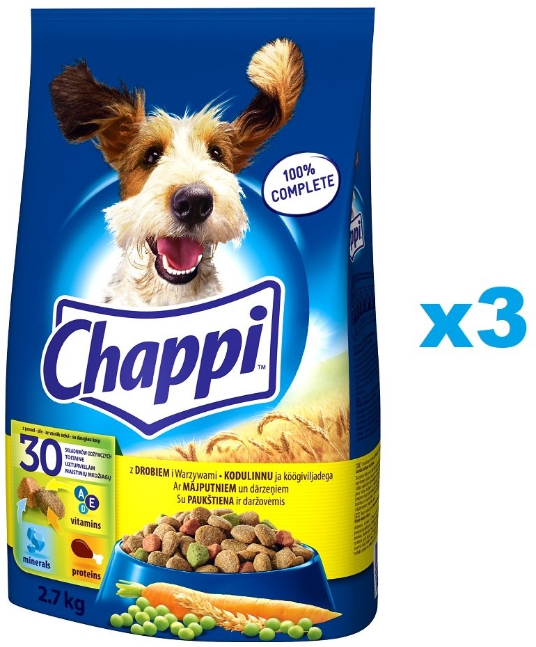 CHAPPI Trockenfutter mit Geflügel 3x2,7kg für ausgewachsene Hunde