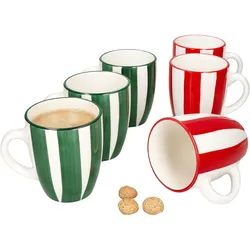 6x Zirkus rot & grün Kaffeebecher 320ml Steingut-Tassen 6 Personen