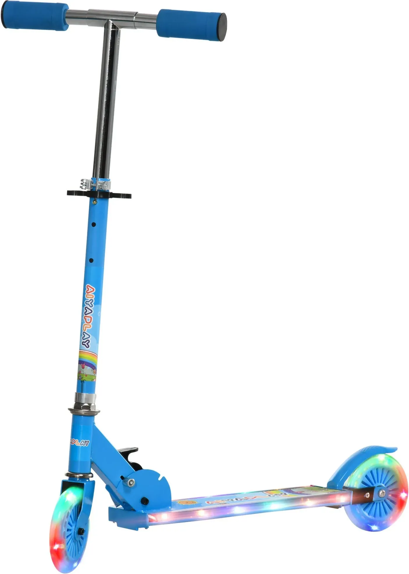 HOMCOM Roller für Kinder von 3 bis 7 Jahren klappbar mit leuchtenden PU-Rädern, 12 LED, Musik, höhenverstellbarer Lenker in 4 Stufen, Reibungsbremse, Blau   Aosom