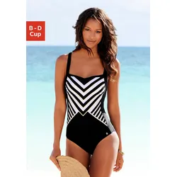 Badeanzug LASCANA, Damen, Gr. 48, Cup C, schwarz, Polyamid, gestreift, Badeanzüge, mit goldfarbener Beschichtung und Shaping-Eimsatz