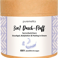 puremetics 3in1 Dusch-Fluff Sensibelchen mit Zuckerpeeling, 250 g Duschgel, Peeling und Lotion in Einem, vegan & plastikfrei