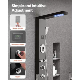 Vevor Duschpaneel-Turmsystem (6 in 1) mit Regenwasserfall-Duschkopf & LED, (1345 mm) Duschsäule aus gebürstetem Edelstahl, - Schwarz