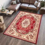 Tapiso Atlas Teppich Kurzflor Rot Creme Beige Traditionell Orientalisch Mäander Orient Design Floral Muster Wohnzimmer Schlafzimmer ÖKOTEX 80 x 150 cm