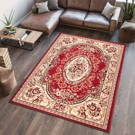 Tapiso Atlas Teppich Kurzflor Rot Creme Beige Traditionell Orientalisch Mäander Orient Design Floral Muster Wohnzimmer Schlafzimmer ÖKOTEX 80 x 150 cm