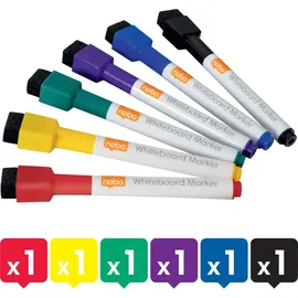 NOBO Rexel wiederbeschreibbare, trocken abwischbare Mini-Marker – farblich sortiert, 6er-Pack