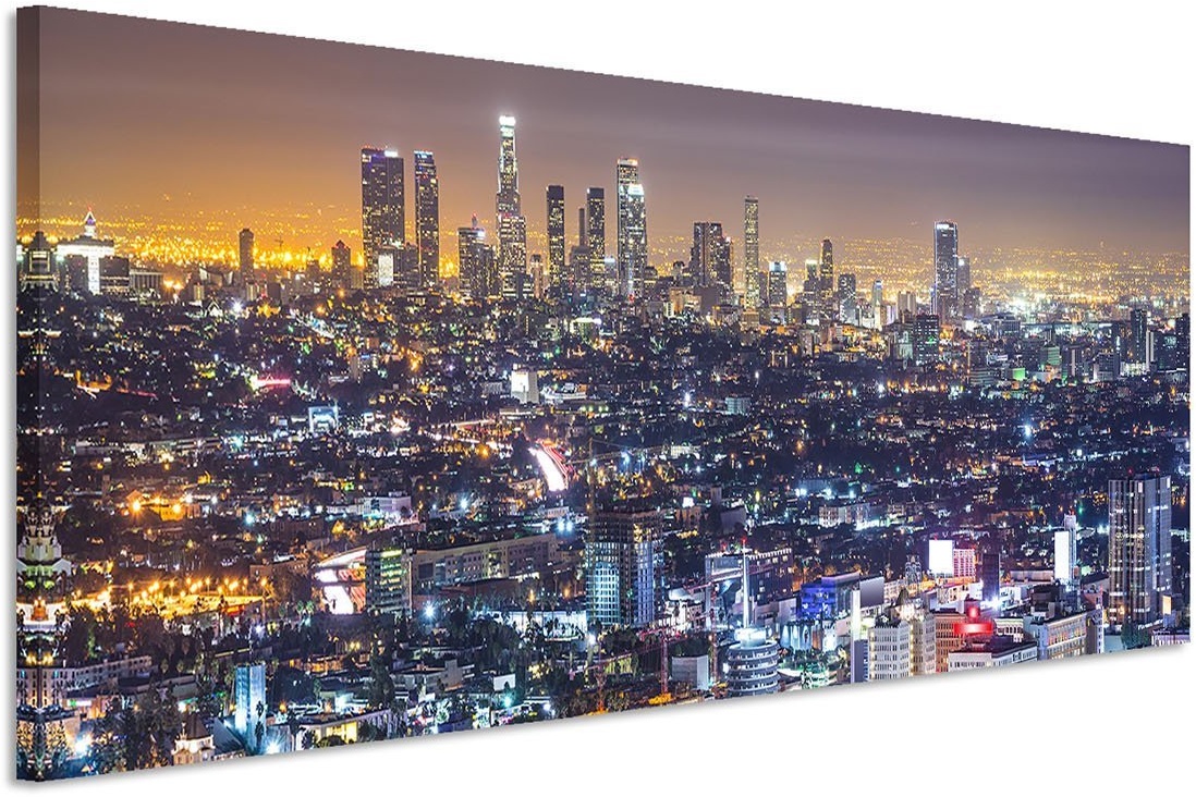 Paul Sinus Art 150x50cm Leinwandbild auf Keilrahmen Los Angeles Skyline Nacht Lichter Wandbild auf Leinwand als Panorama
