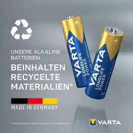 Varta Batterien AA, 10+10 (20 Stück), Longlife Power, Alkaline, 1,5V, ideal für Spielzeug, Funkmaus, Taschenlampen, Verpackung zu 90% recycelt, Made in Germany