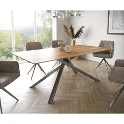 DELIFE Esstisch Edge 200x100 Akazie Natur Kreuzgestell Rechteck Edelstahl Schweizer Kante, Esstische