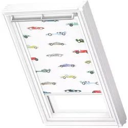 Verdunklungsrollo VELUX "DKL 4654SWL, Motiv: Kids Rennautos", kids rennautos, weiß, FK08, stufenlos positionierbar, Polyester, Rollos, weiße Führungsschienen & Griffleiste