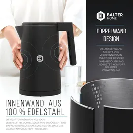 Balter Edelstahl Wasserkocher mit Temperatureinstellung, 40°C-100°C, Doppelwand, BPA frei, 1,7L, Schwarz, WK-04-Touch