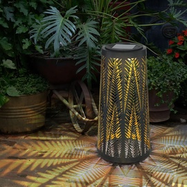 ETC Shop Solar Laterne Solarlampe Tisch aussen Solarlicht Tisch für Außen Balkon schwarz, Säule mit Lichteffekt, goldenes Innere,1x LED warmweiß, H 24,5 cm,