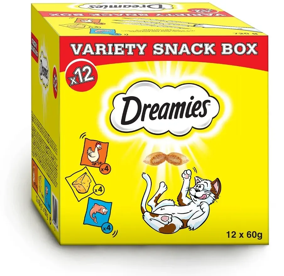 DREAMIES Variety Snack Box Katzensnacks mit verschiedenen Geschmacksrichtungen Huhn, Käse & Lachs 12 x 60g