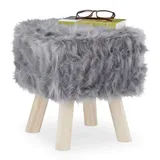 Relaxdays Fellhocker Kunstfell, Dekohocker mit Holzbeinen, Sitz- & Fußhocker, Schminktisch, HBT: 37 x 32 x 32 cm, grau