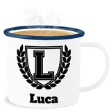 Emaille Becher Blechbecher - Anfangsbuchstabe Tasse Name - College Style Geschenk Namen - 300 ml - Weiß Blau - selbst bedrucken namens geschenke initial custom wunschname weihnachten weihnacht