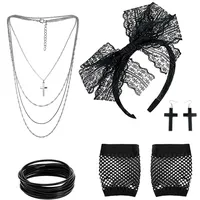 VIKSAUN 80er Jahre Retro Kostüm Set, Prom Accessoires, Fancy Outfit Mit Spitze Stirnband, Ohrringe, Fischnetz Handschuhe, Halskette, Armband für 80s Party
