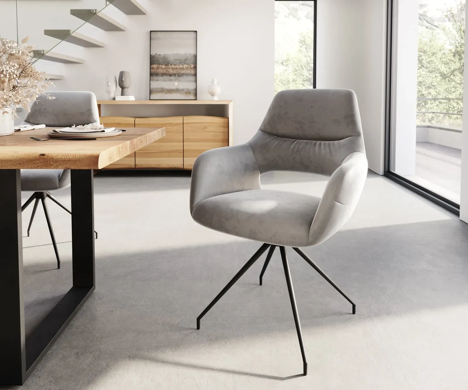 DELIFE Chaise-pivotante Yago-Flex avec accoudoirs velours gris cadre croisé conique noir pivote sur 180°, Chaises de salle à manger