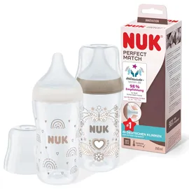 NUK Perfect Match Twin Set 260ml | Ab 3 Monate | Passt sich dem Baby an | Temperature Control | Anti-Colic | 260 ml | BPA-frei | Silikontrinksauger, Medium | Regenbogen und Herz | 2 Stück