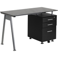 Flash Möbel Computer-Schreibtisch mit DREI Schubladen, Metall, Glas, Schwarz Top/Silber Rahmen, 128.27 X 67.31 14 x 14 cm