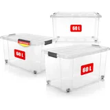 BigDean 4 Stück 60 L Aufbewahrungsbox mit Deckel groß transparent - stapelbare robuste Box BPA-frei - rollbare Stapelbox - Germany