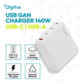 Digitus GaN 140W, 3x USB-C, 1x USB-A weiß