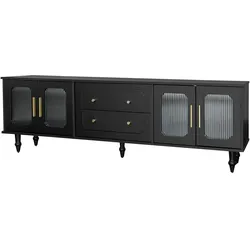 Merax Lowboard, TV-Möbel im Retro-Stil, goldene Griffe, viel Stauraum,  Mit Glastür und Beinen aus Massivholz , Schwarz