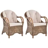 Krines Home Loungesessel 2er Set Wintergarten Rattansessel Natur Rattan Sessel Armlehnsessel (2 Sessel mit Armlehnen), Wohnzimmer Rattanmöbel braun