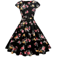 AXOE Damen Rockabilly Kleider 50er Jahre Baumwolle Gürtel Grün mit Blumenmuster F01, Gr.36, S - S