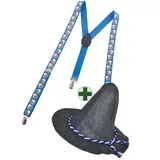 Karneval-Klamotten Kostüm Sepplhut Oktoberfest mit Hosenträger Bier, Bayernhut Unisex mit Hosenträger blau|gelb|grau