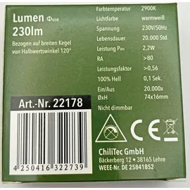 ChiliTec 22178 LED-Einbauleuchte "EBL-HV65w", weiß 230V, 2W, 2900K, 230lm, warmweiß