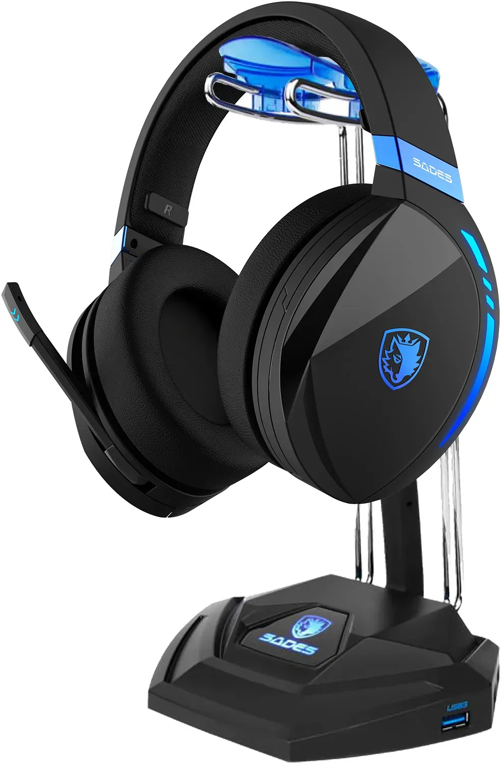 SADES Gaming-Headset "Warden I SA-201 Wireless, schwarz/blau, USB" Kopfhörer inklusive Anubis' Staff Headset Ständer SA-W10, USB schwarz (schwarz, blau) Gaming Headset