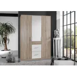 freiraum Kleiderschrank "Click" aus Spanplatte in Eiche-Sägerau-Nachbildung mit 3 Schubladen und 3 Türen. Abmessungen (B/H/T) 135x198x58 cm - Weiß