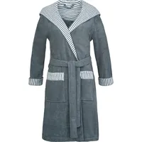 Damenbademantel ESPRIT "Day, ideal für Sauna & Spa, Hotelbademantel, Morgenmantel" Gr. M, grau (grau steel), L:97cm, Microfaser-Webfrottier, Hausmäntel, mit Kapuze, gestreiften Akzenten & Logostickerei, kurz