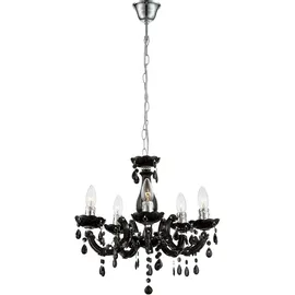 GLOBO Kronleuchter 5 Flammig schwarz Hängeleuchte Esstischlampe Esszimmer Hängelampe Kristalle, Kristallbehang, Chrom, 5x E14, DxH 44x128 cm