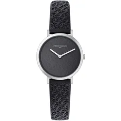 Pierre Cardin Damen Armband-Uhr mit Marken-Kürzel-Print analoge Quarz-Uhr mit Leder-Armband 3ATM 31mm CBV.1502 Schwarz/Silber - One-Size